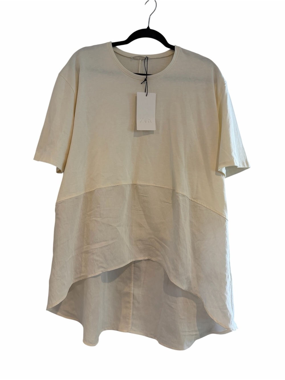 NWT Zara Cream Short Sleeve High-Low Layered Hem Tee size L
